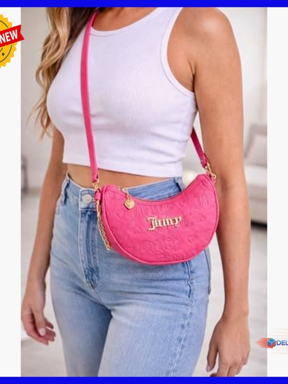 Mini Hobo Bag with Adjustable Crossbody Strap, Gold Hardware, Embossed Logo - Picture 2 of 5